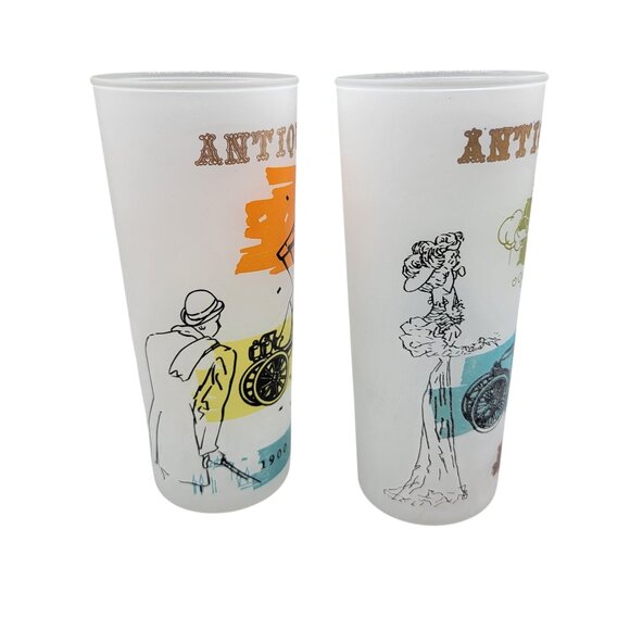 Vintage Anchor Hocking 1960s Frosted Glasses Antique Autos Design 16 Oz Set of 6 - Picture 7 of 8
